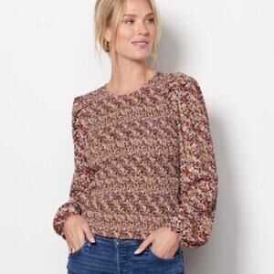 Evereve Floral Smocked Blouse in Burgundy and Cream